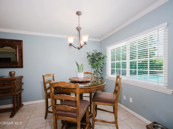 a view of a dining room with furniture window and outside view