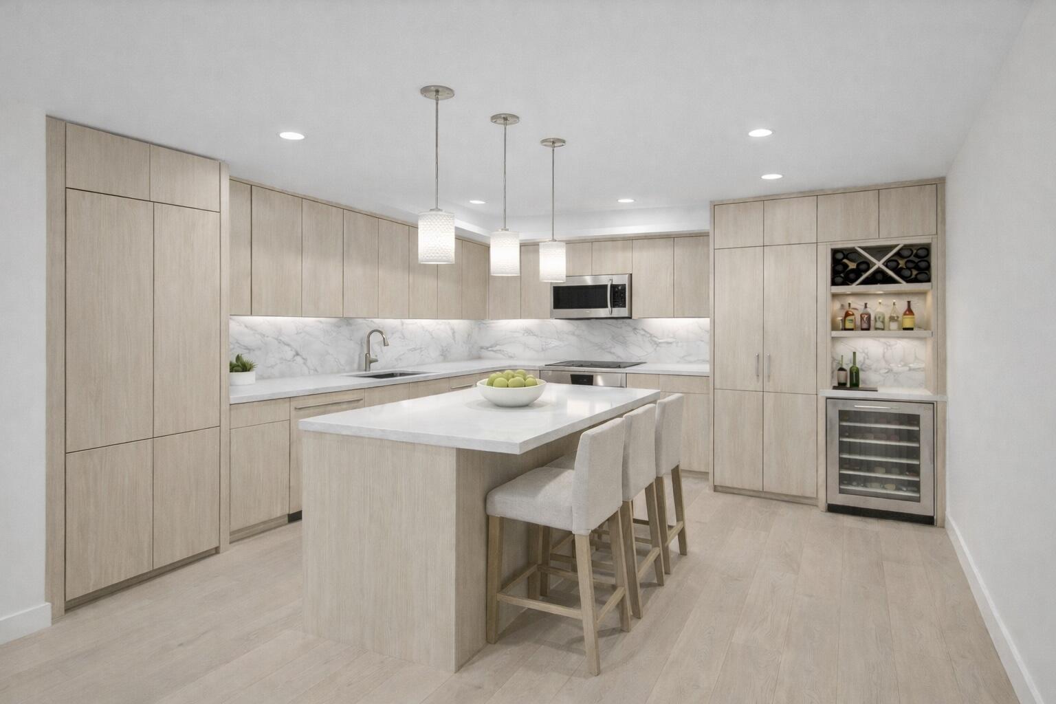 600 South Ocean Boulevard, Unit 802 Boca Raton, FL 33432 - Photo 9 of 27 a kitchen with kitchen island white cabinets and stainless steel appliances