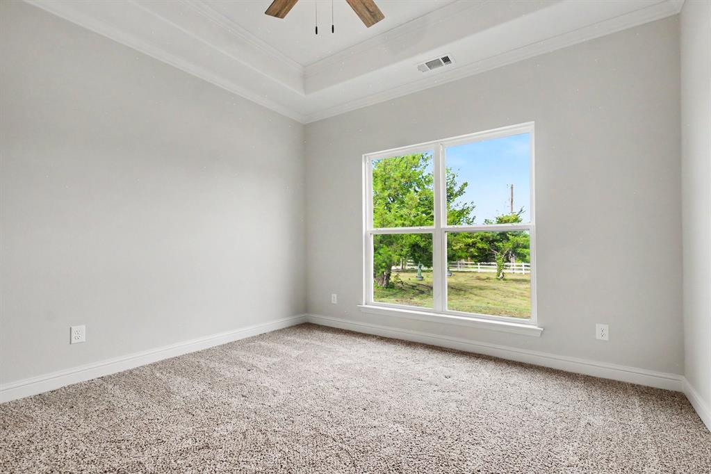 530 P R 491 Leonard, TX 75452 - Photo 22 of 35 Spacious room featuring a large window, tray ceiling with crown molding, ceiling fan, neutral wall paint, and textured carpet flooring