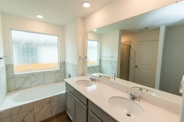 a bathroom with a tub sink and mirror