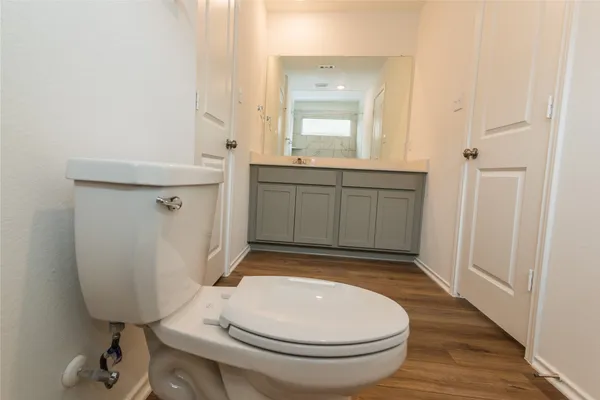 a bathroom with a sink a toilet and mirror