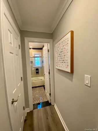 a view of a hallway with wooden floor and entryway