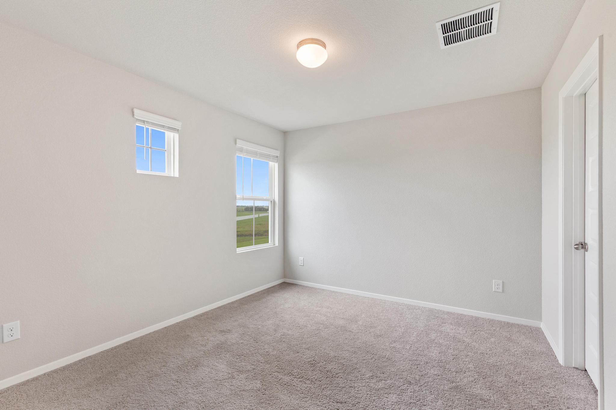 242 Barley Lane Elgin, TX 78621 - Photo 21 of 31 Carpeted room featuring light gray walls, two windows, a ceiling light fixture, and a white door with a silver knob