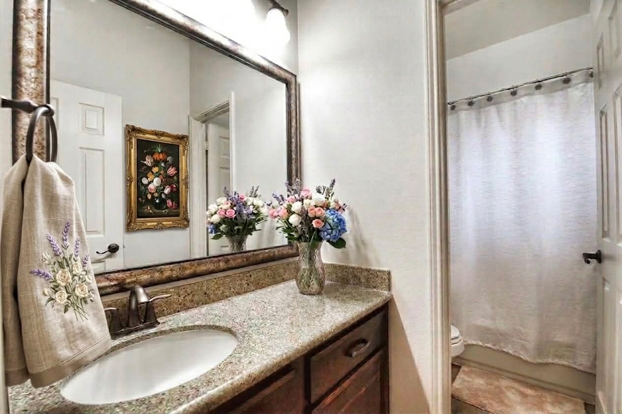 29011 Powder Ridge Drive Katy, TX 77494 - Photo 25 of 25 a bathroom with a granite countertop sink a mirror and a shower