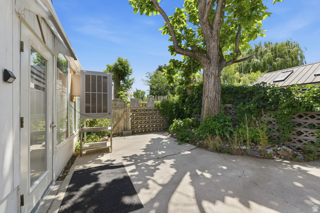 365 North Main Street Fillmore, UT 84631 - Photo 50 of 51 Concrete patio featuring a mature shade tree, a decorative block fence with lush greenery, and a shed with skylights