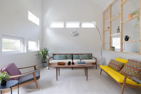 a living room with furniture and a potted plant