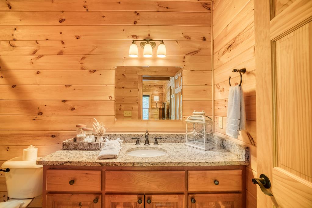 1447 Grandeur Drive Blue Ridge, GA 30513 - Photo 29 of 60 a bathroom with a granite countertop sink and a mirror