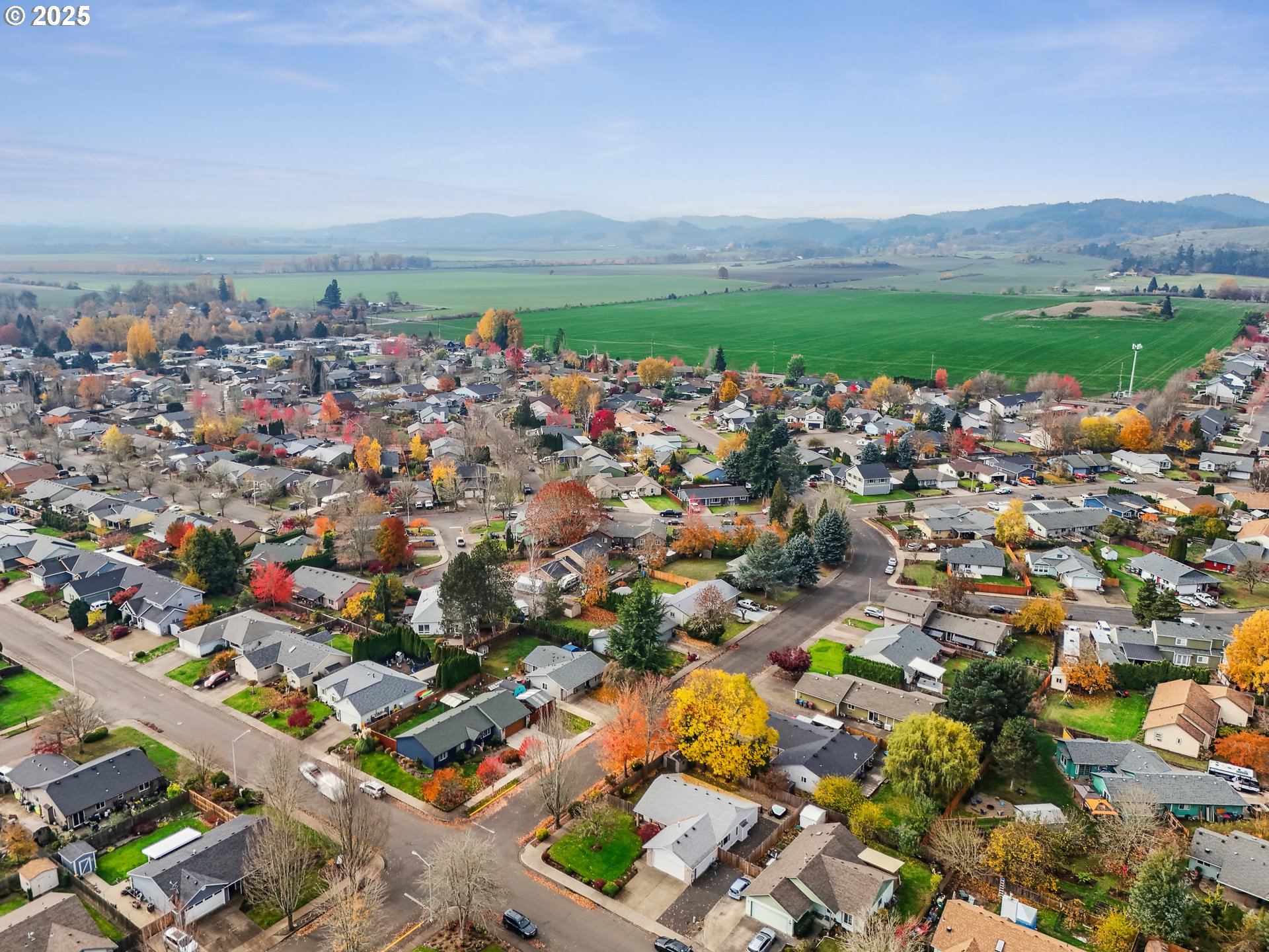 591 Southwest Filbert Street McMinnville, OR 97128 - Photo 33 of 34 an aerial view of a city with lots of residential buildings and mountain view in back