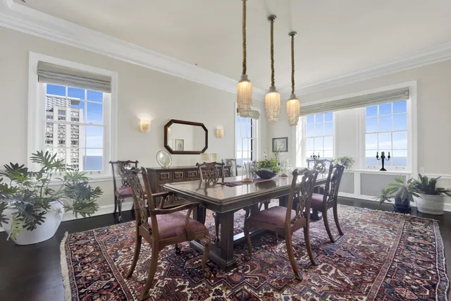 a view of a dining room and livingroom with furniture wooden floor a rug a potted plant and a painting