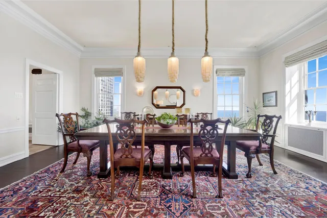 a view of a dining room with furniture
