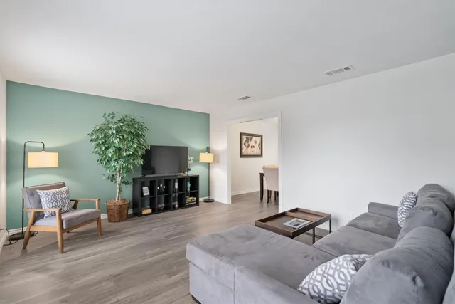 a living room with furniture and a fireplace with wooden floor