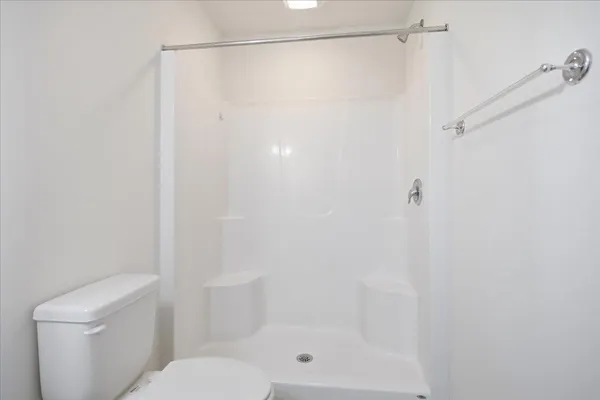 a bathroom with a shower and toilet