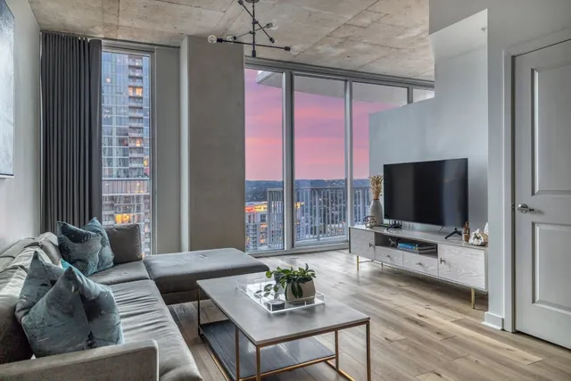 a city view with tall buildings