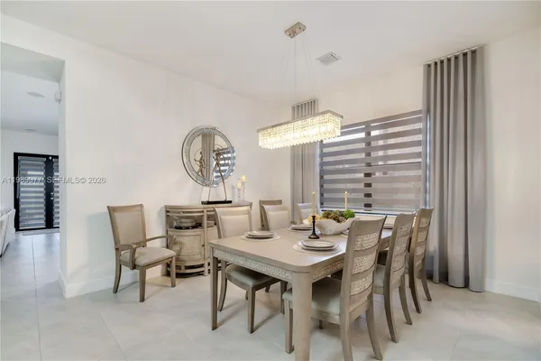 a view of a dining room with furniture window and outside view