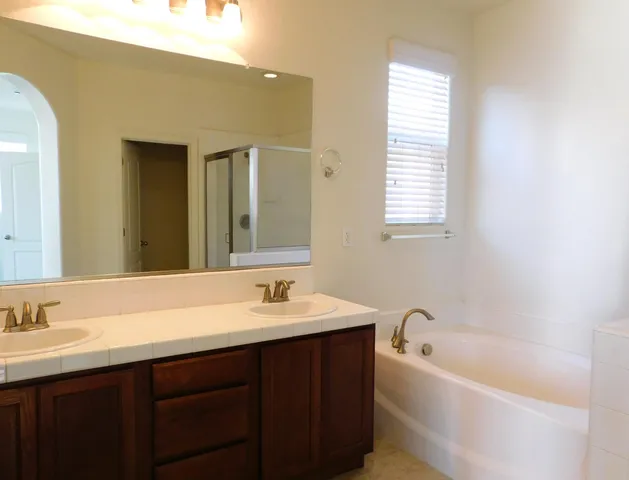 a bathroom with a tub a sink and mirror