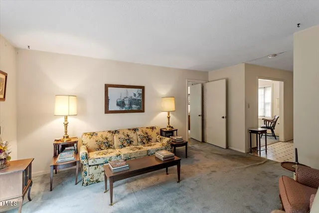 a living room with furniture and a lamp
