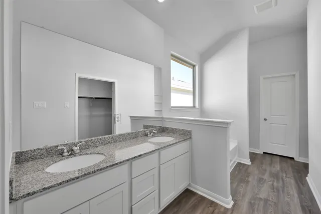 a bathroom with a granite countertop sink and a mirror