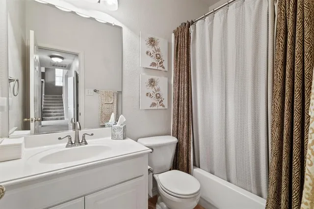 a bathroom with a sink a toilet and shower curtain