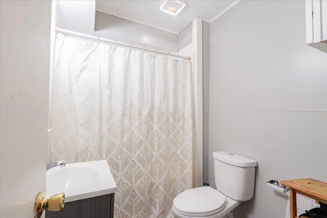 a white toilet sitting next to a shower curtain