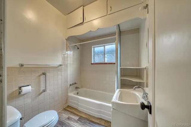 a bathroom with a toilet and a bathtub