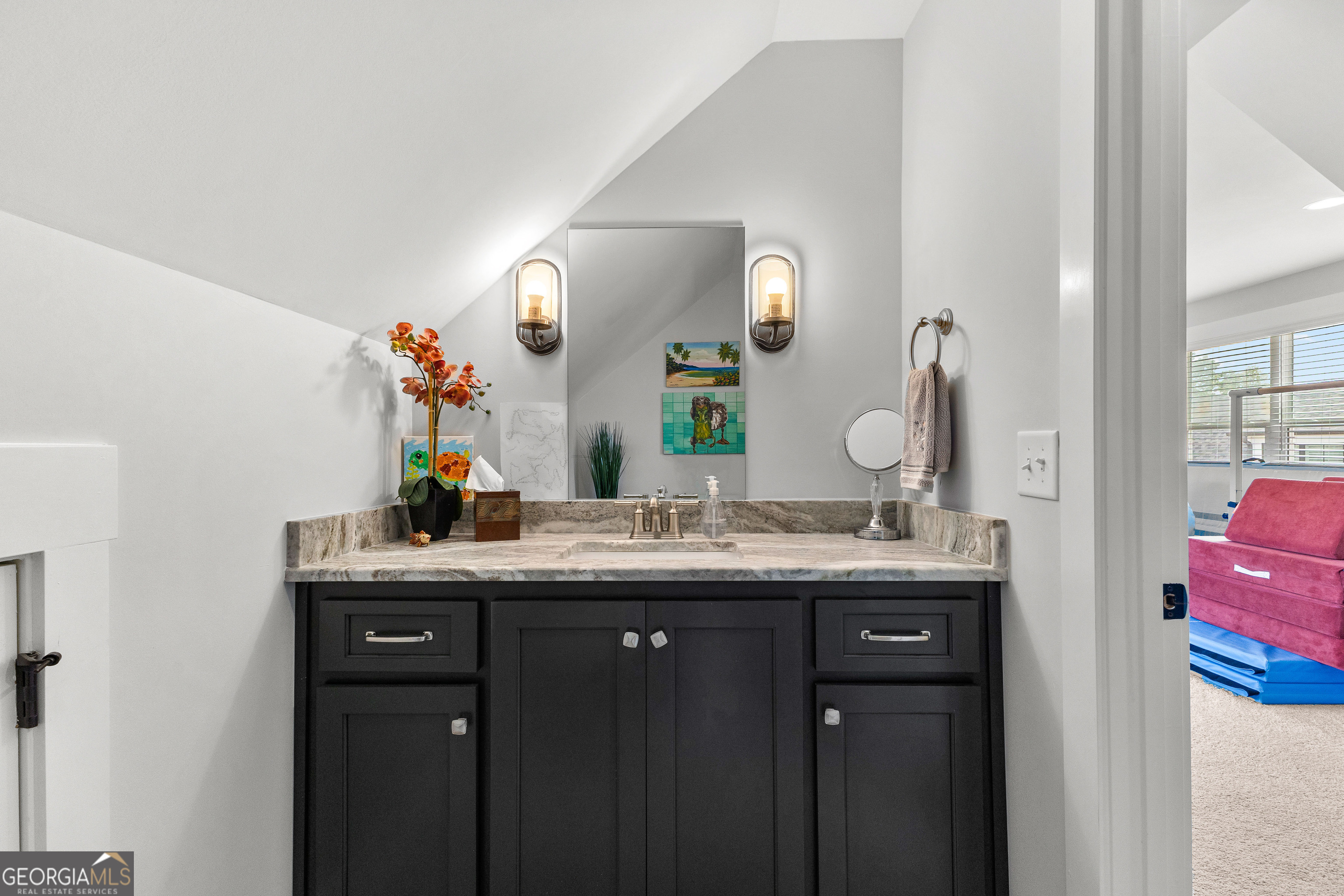 21 Waterview Circle Newnan, GA 30263 - Photo 60 of 75 a bathroom with a granite countertop sink and a mirror