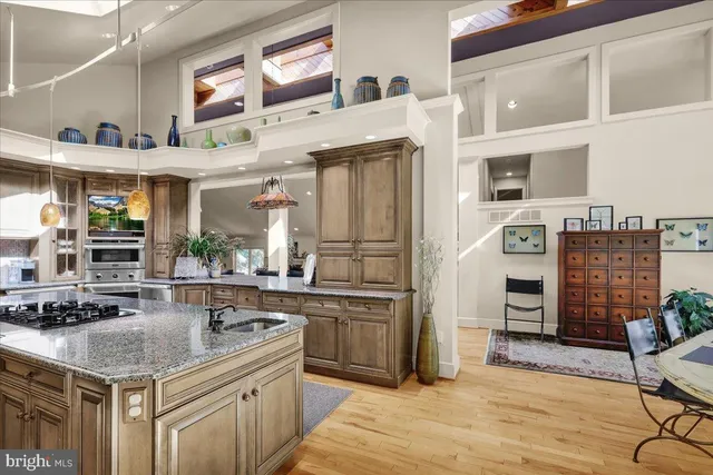 a view of a dining room and livingroom with furniture wooden floor a rug a painting and a chandelier