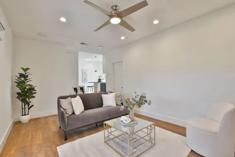 a living room with furniture and a potted plant