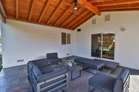 a living room with furniture and a potted plant