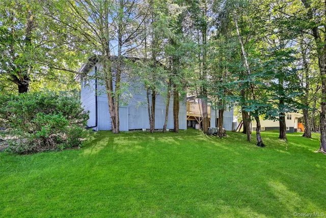 a view of a backyard with large trees