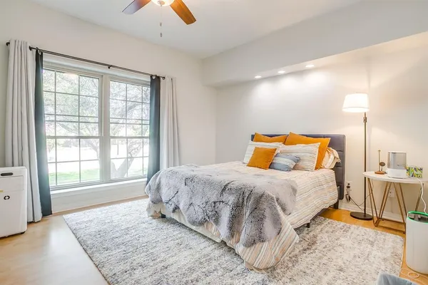 a bedroom with a workspace