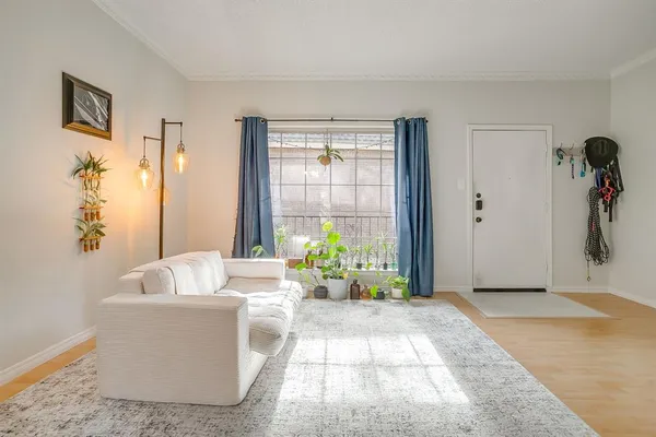 a view of a room with a table chair and wooden floor