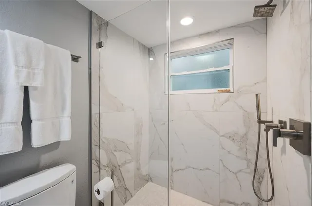 a bathroom with a shower and toilet