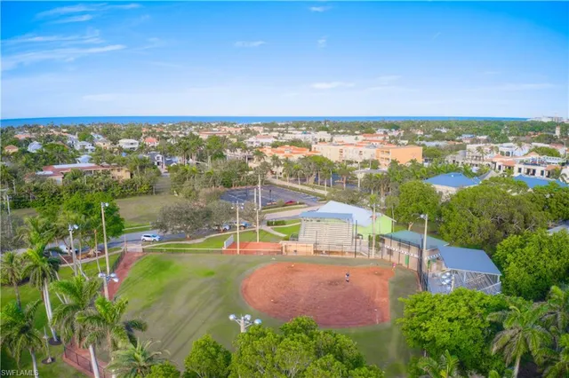 an aerial view of residential houses with outdoor space and trees