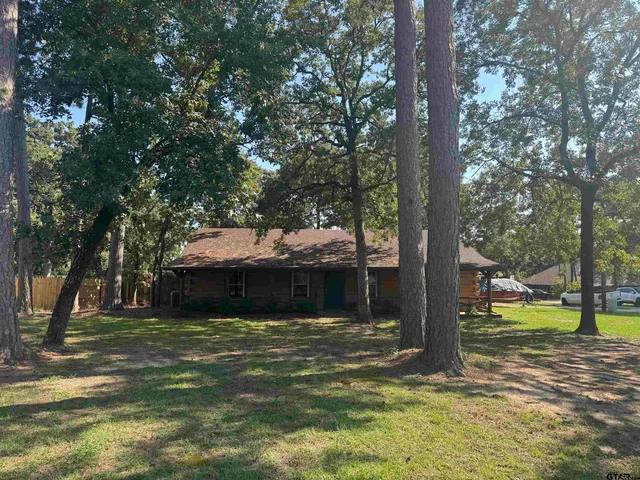 a view of a garden with large trees