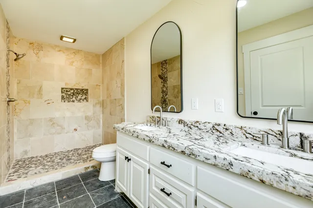 a bathroom with a granite countertop sink a toilet and shower