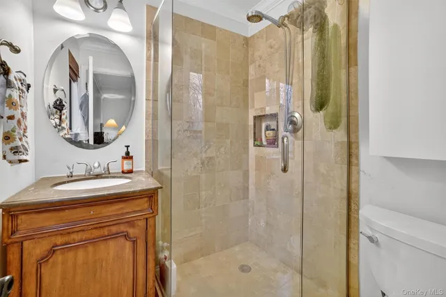 a bathroom with a shower a sink and a mirror