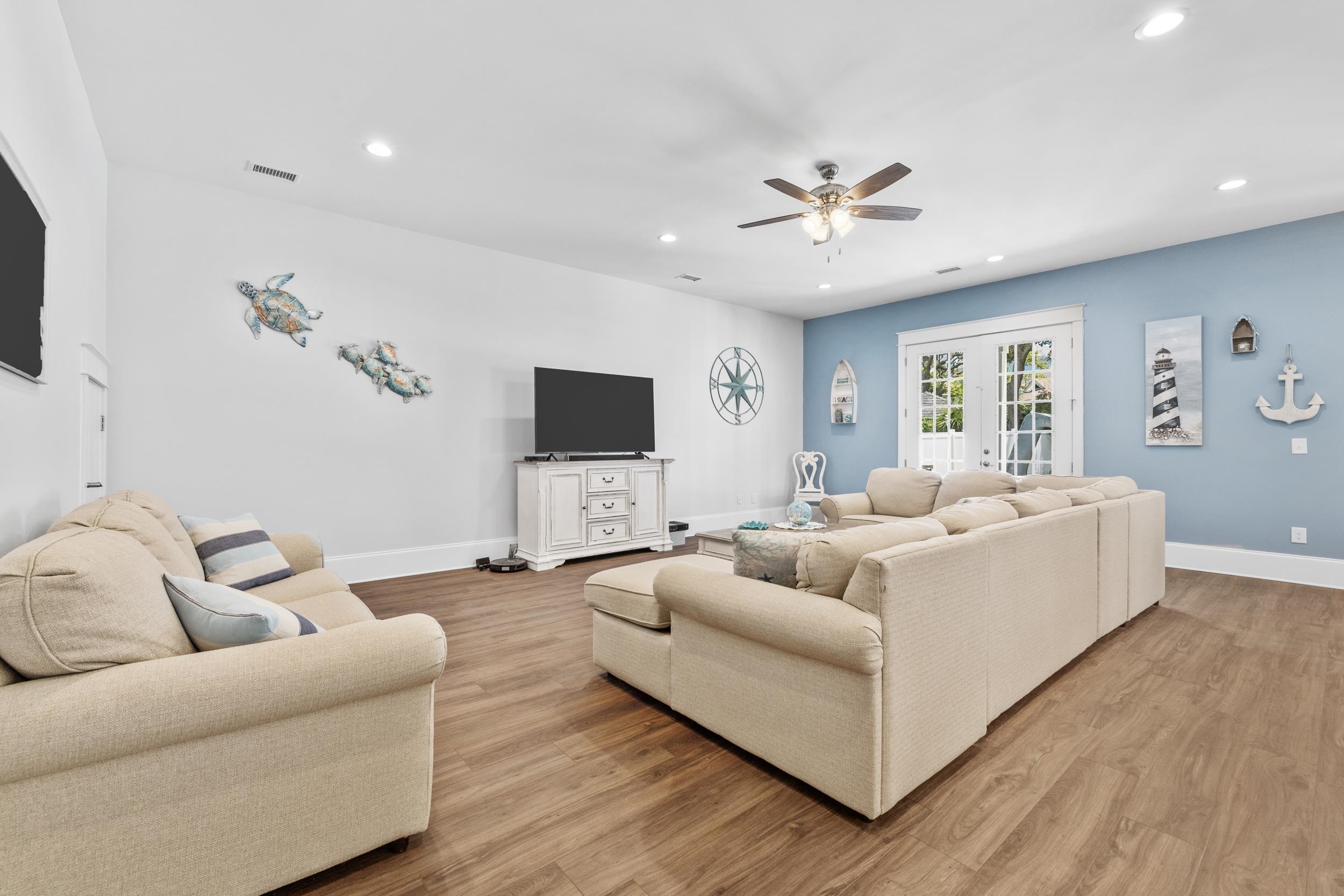 5907 Haskell Circle Myrtle Beach, SC 29577 - Photo 12 of 38 Living room with recessed lighting, light wood-type flooring, a ceiling fan, and french doors