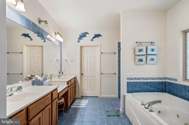 a bathroom with a tub double vanity sink and mirror