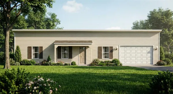 a view of a house with backyard and garden