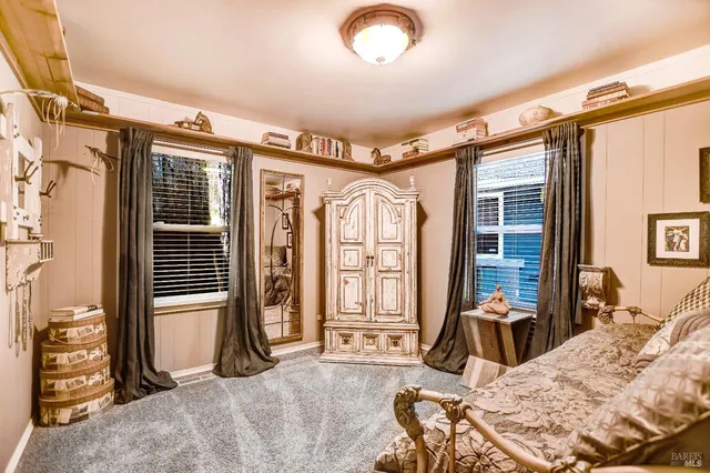 a view of a bedroom with furniture and windows