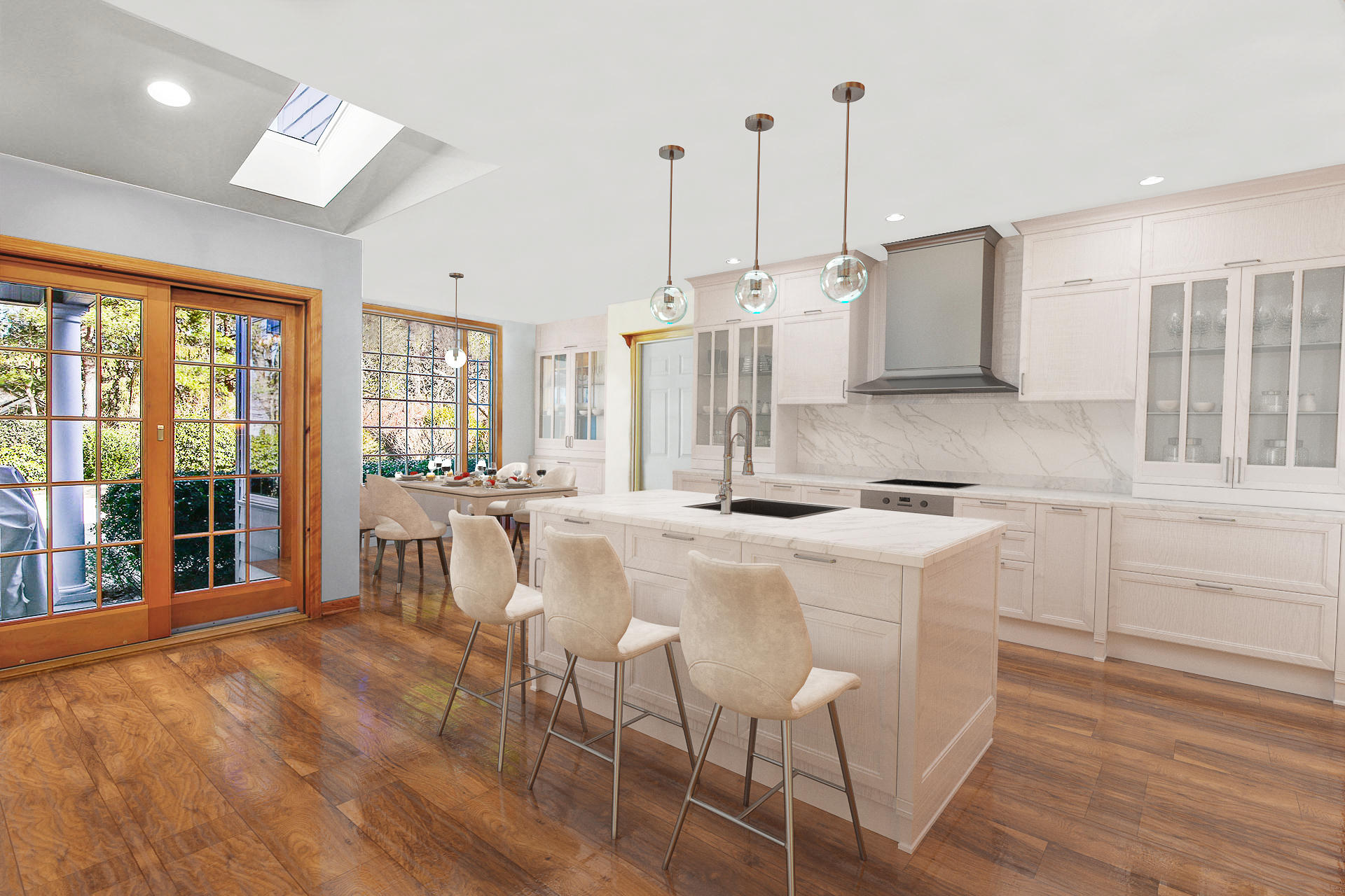 6 Echo Drive Darien, CT 06820 - Photo 11 of 37 a kitchen with kitchen island granite countertop a stove a sink a dining table and chairs with wooden floor