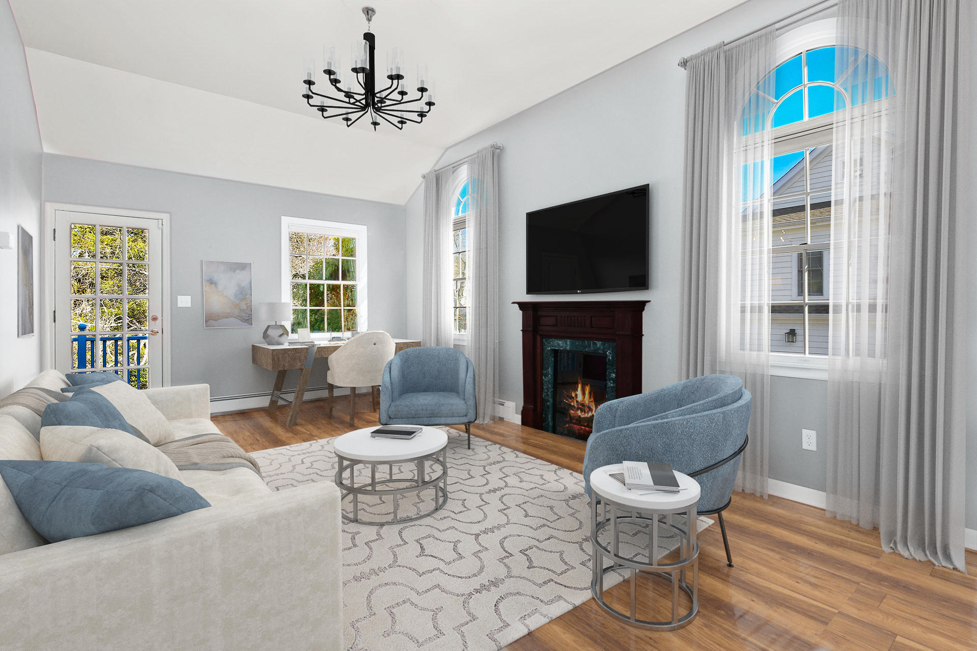 6 Echo Drive Darien, CT 06820 - Photo 15 of 37 a living room with furniture a flat screen tv and a fireplace