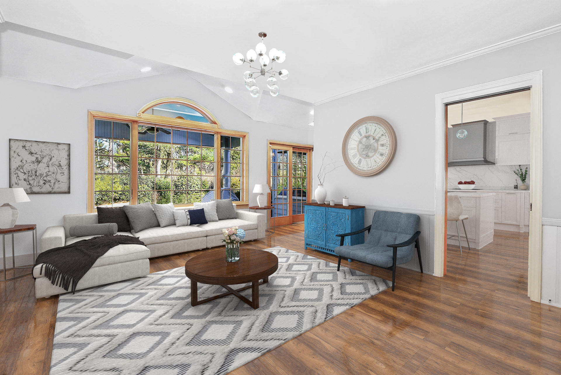 6 Echo Drive Darien, CT 06820 - Photo 6 of 37 a living room with furniture a chandelier and a large window