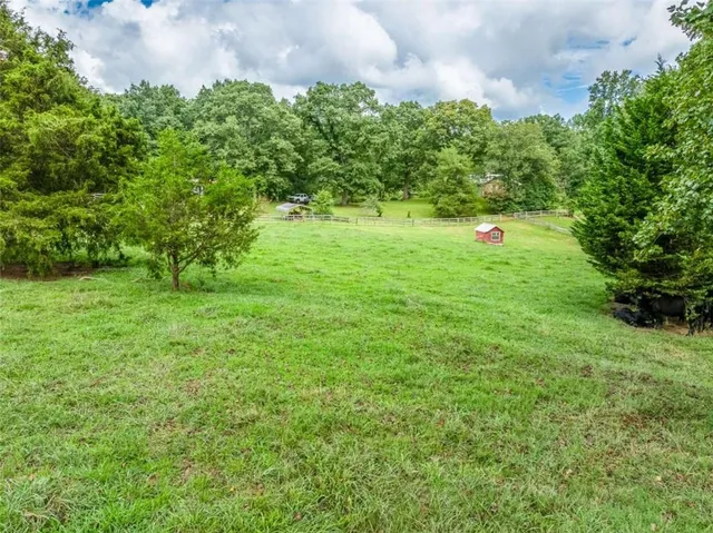a backyard of a house with lots of green space and plants