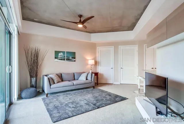 a living room with furniture and a rug