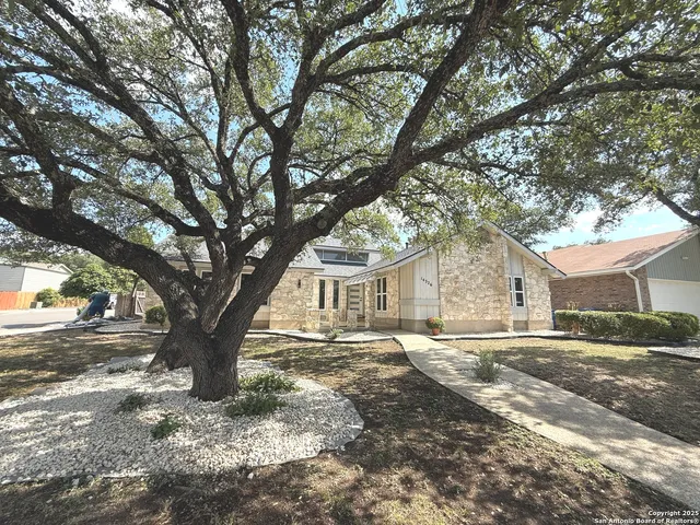 a tree in front of a white house
