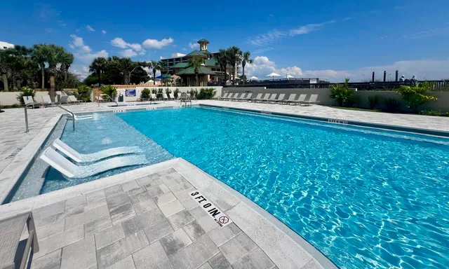 a view of a swimming pool with outdoor seating and plants