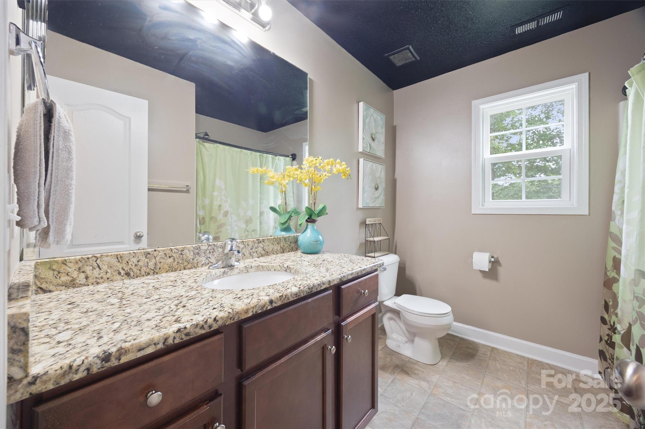 587 Kelly Road York, SC 29745 - Photo 19 of 28 a bathroom with a granite countertop sink a toilet and a mirror