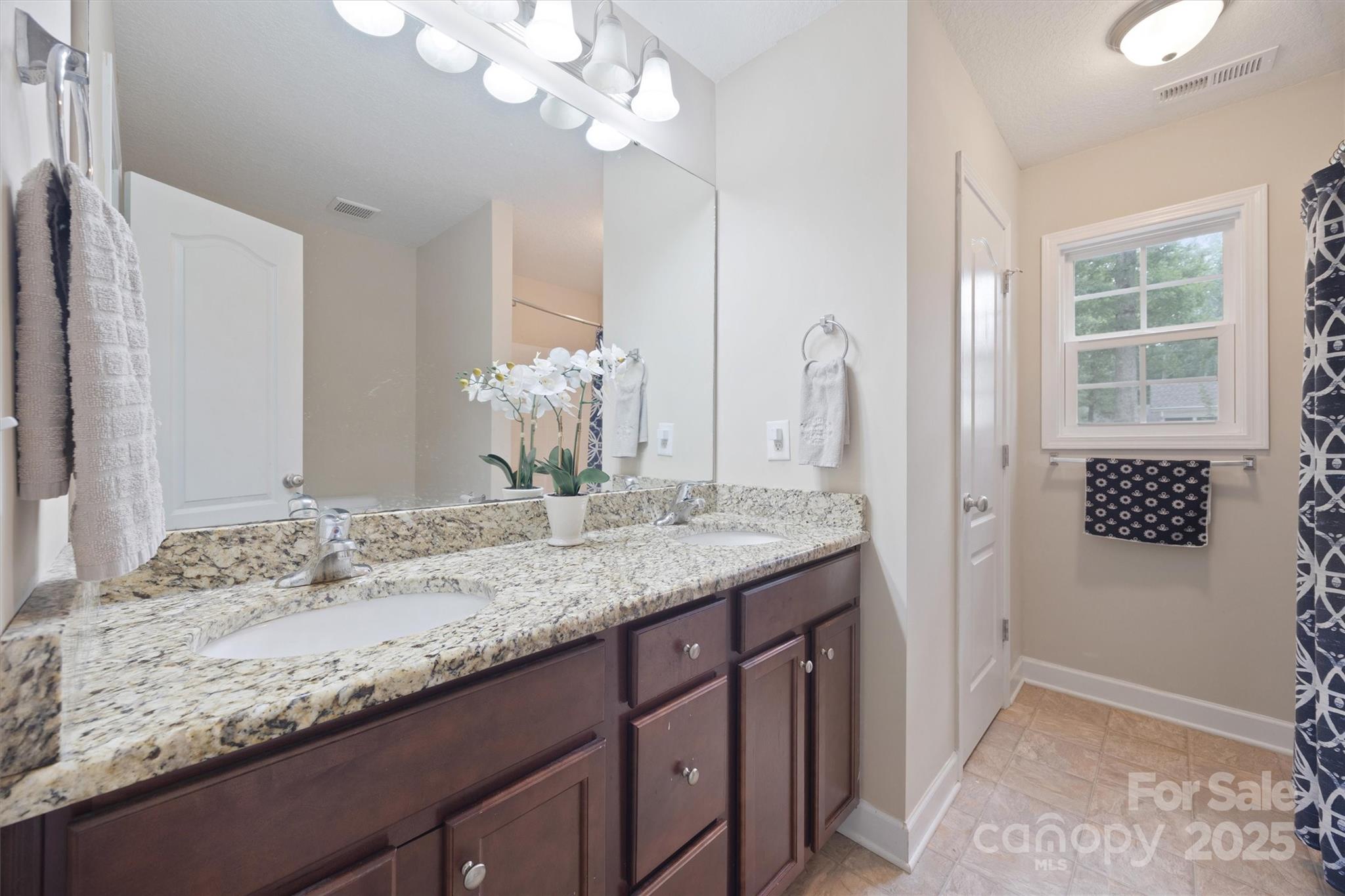 587 Kelly Road York, SC 29745 - Photo 21 of 28 a bathroom with a granite countertop sink a mirror and a shower