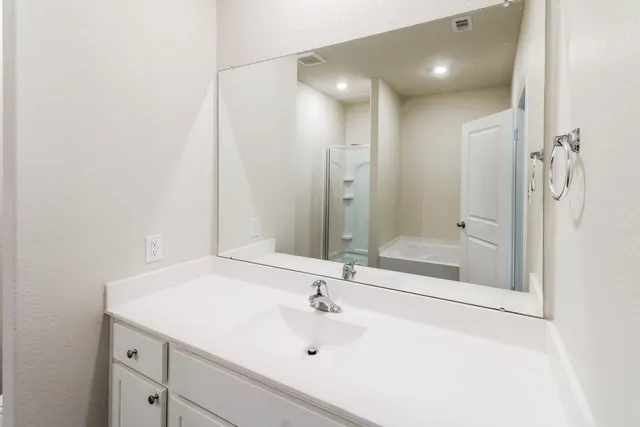 a bathroom with a sink and a shower
